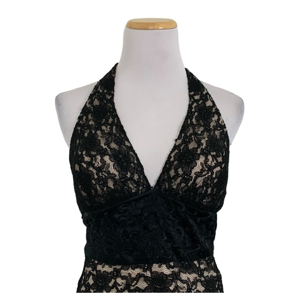 White House Black Market Y2K Halter Black Lace Overlay Illusion Dress Womens 2
